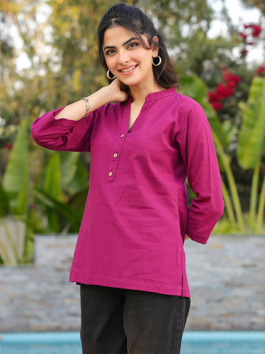 Women Mandarin Collar Cotton Regular Top