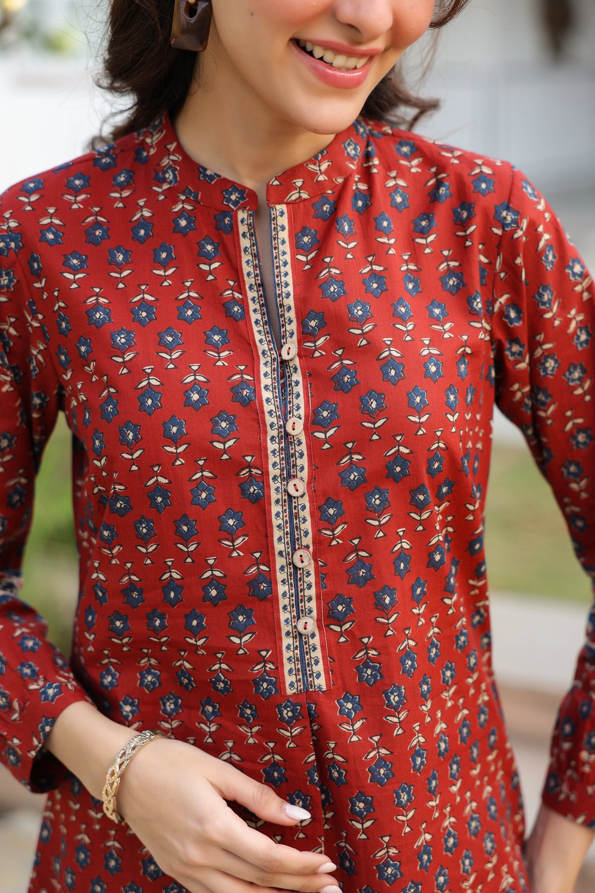 Print Mandarin Collar Cotton Top