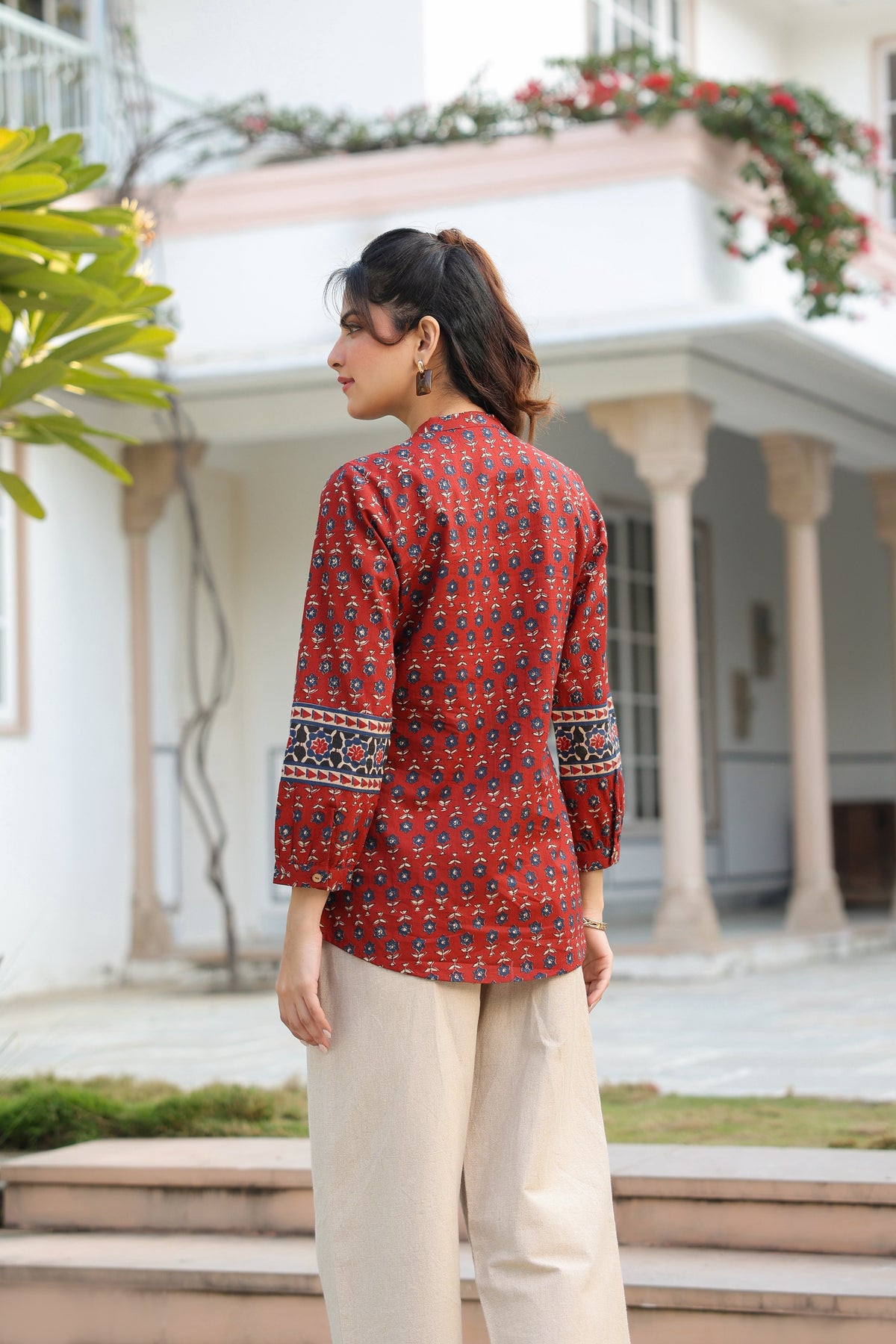 Print Mandarin Collar Cotton Top