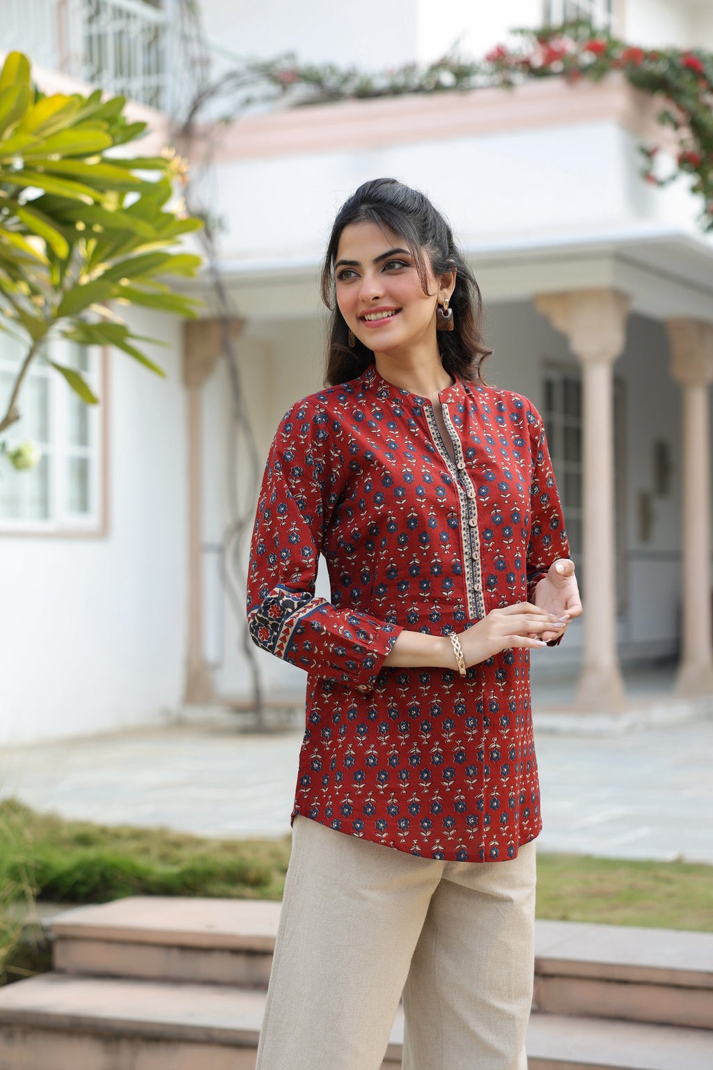 Print Mandarin Collar Cotton Top