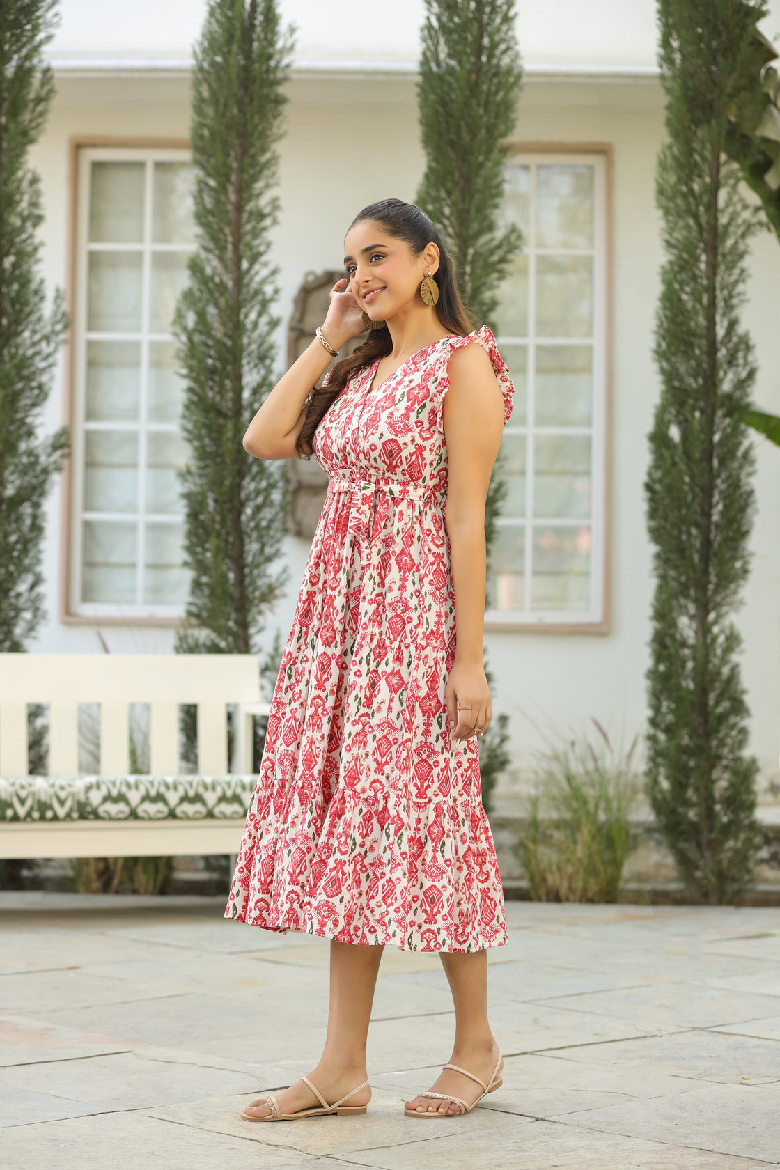Printed V-Neck Fit and Flare Ethnic Dresses