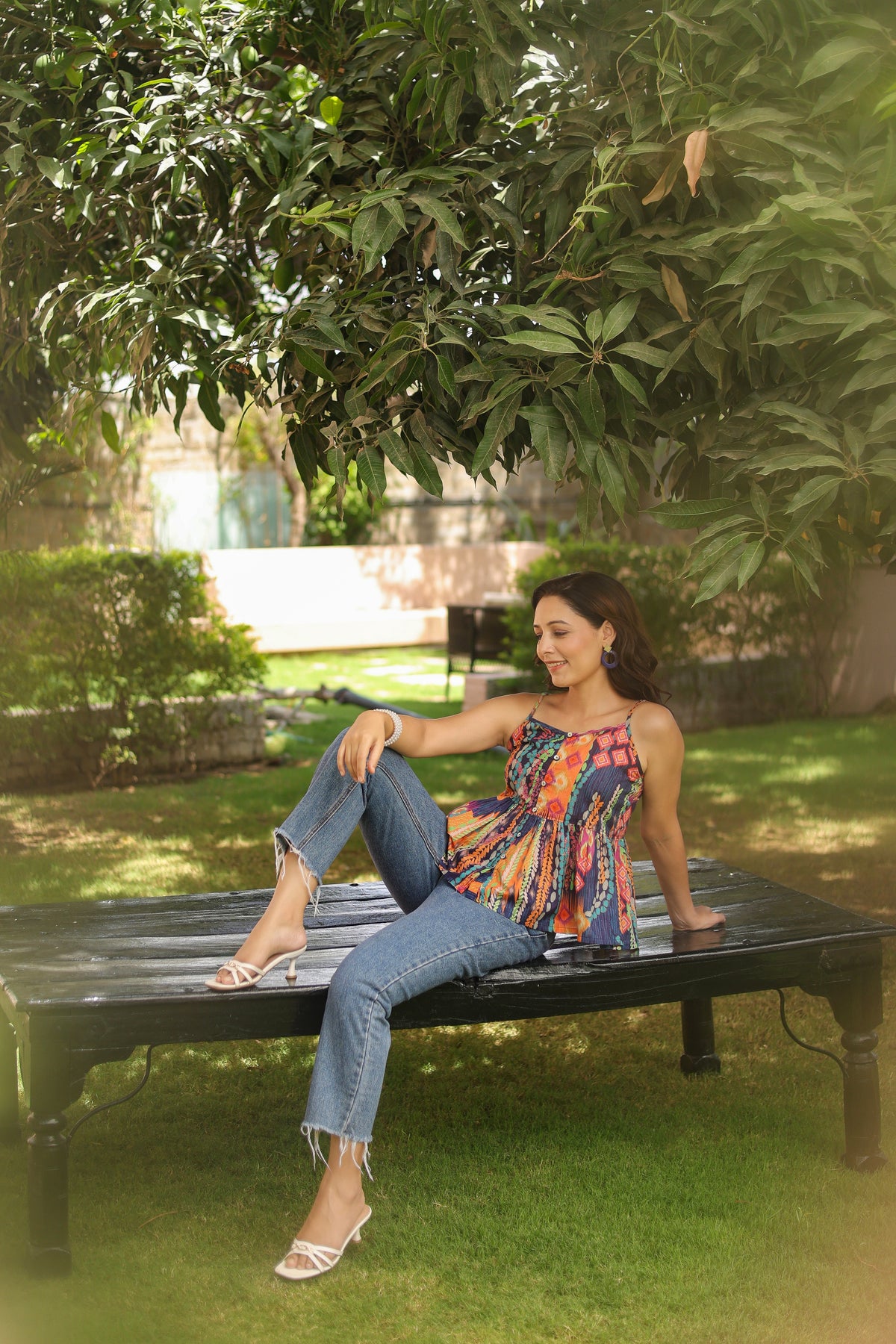 Abstract Printed Shoulder Straps Pure Cotton Peplum Crop Top