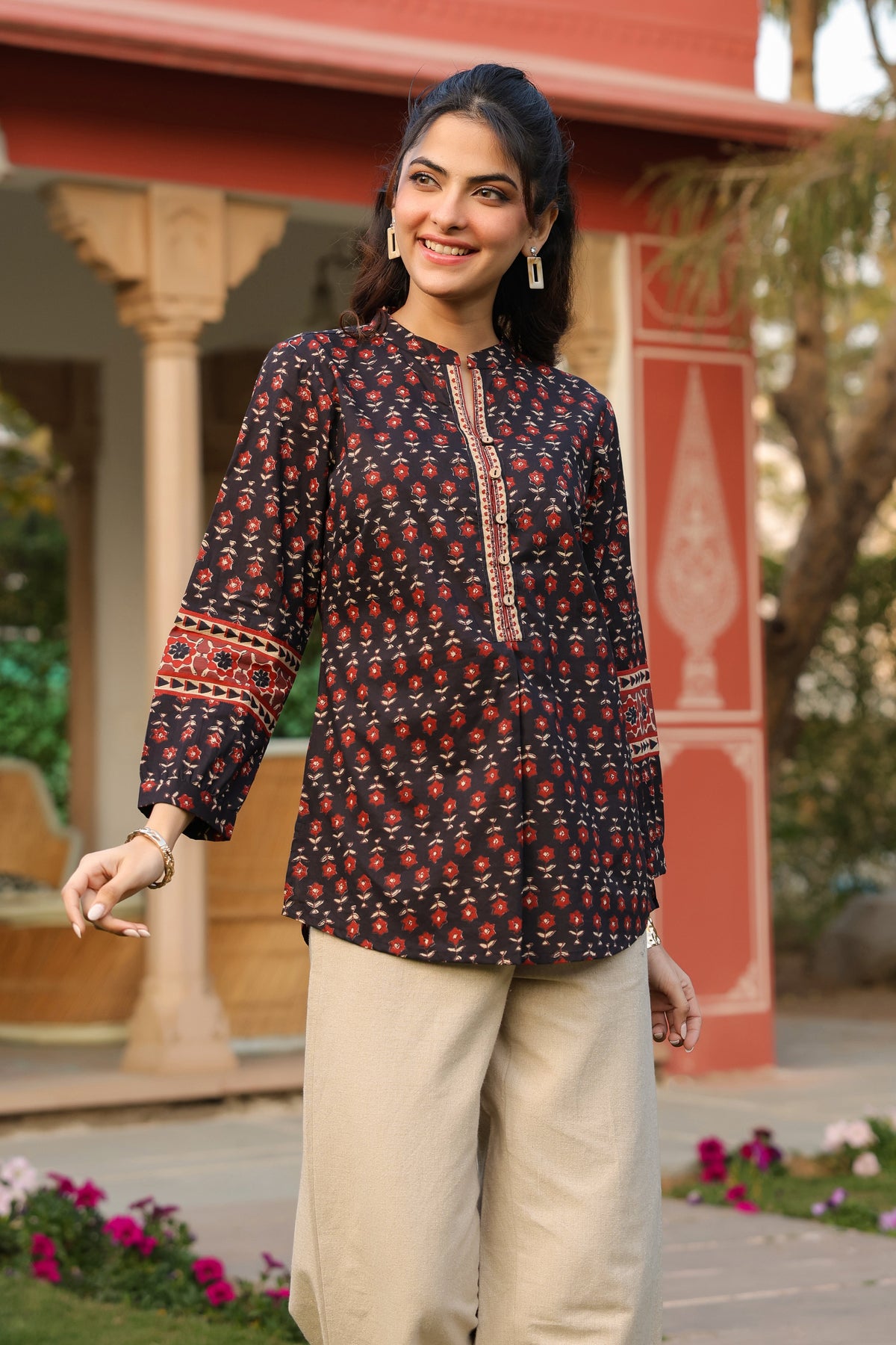 Print Mandarin Collar Cotton Top