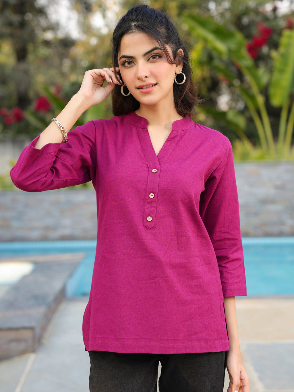 Women Mandarin Collar Cotton Regular Top