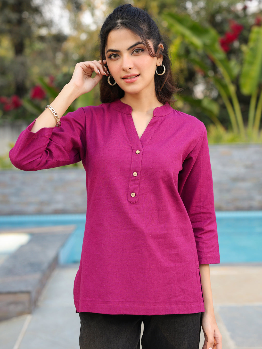 Women Mandarin Collar Cotton Regular Top