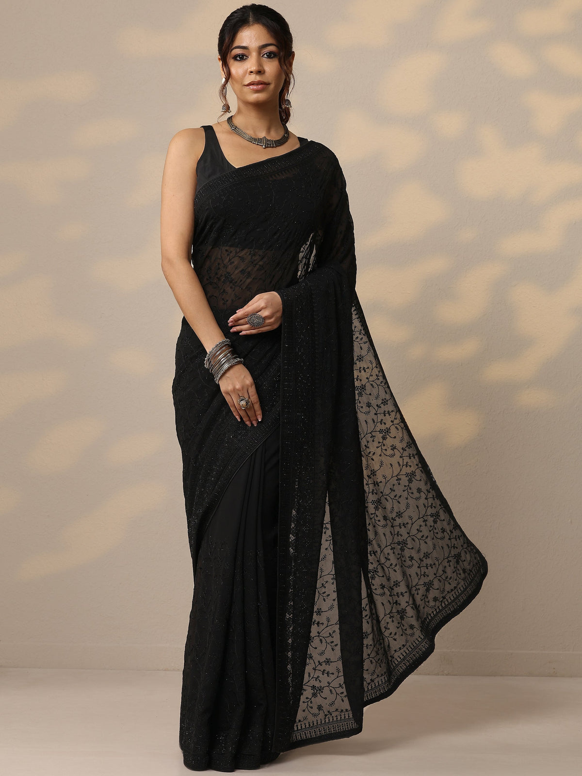 Black Embroidered Georgette Sarees With Unstitched Blouse Piece