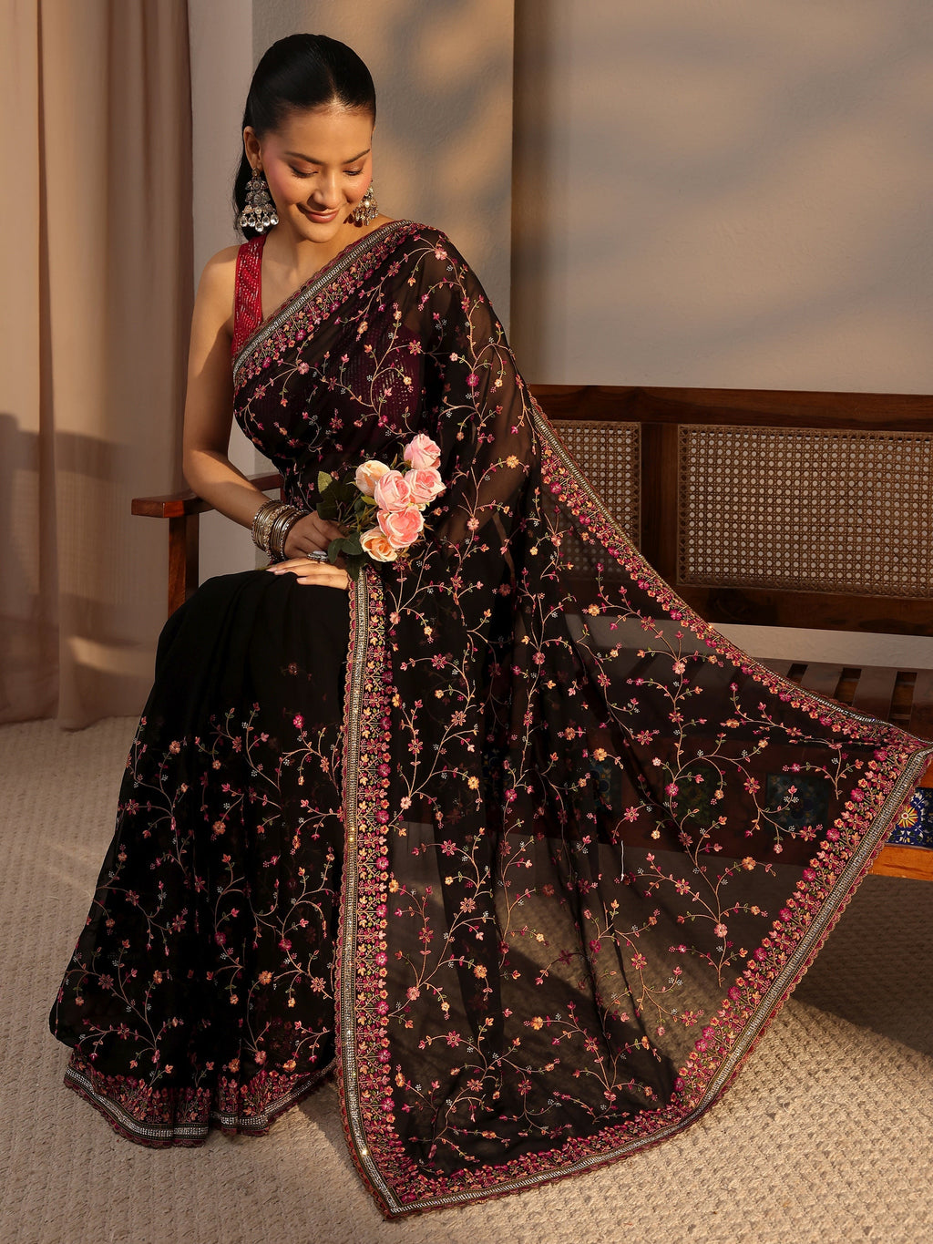 Black Floral Embroidered Net Saree With Unstitched Blouse Piece