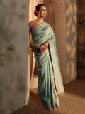 Blue Ethnic Motifs Embroidered Silk Blend Saree With Unstitched Blouse Piece