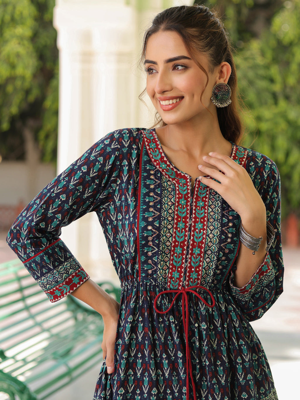 Printed Round Neck Pure Cotton Ethnic Dresses