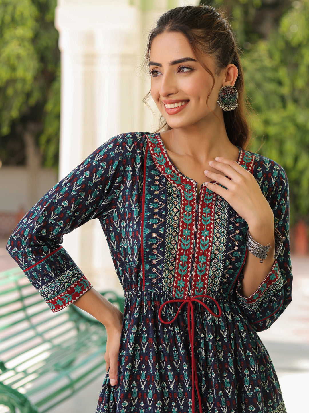 Printed Round Neck Pure Cotton Ethnic Dresses
