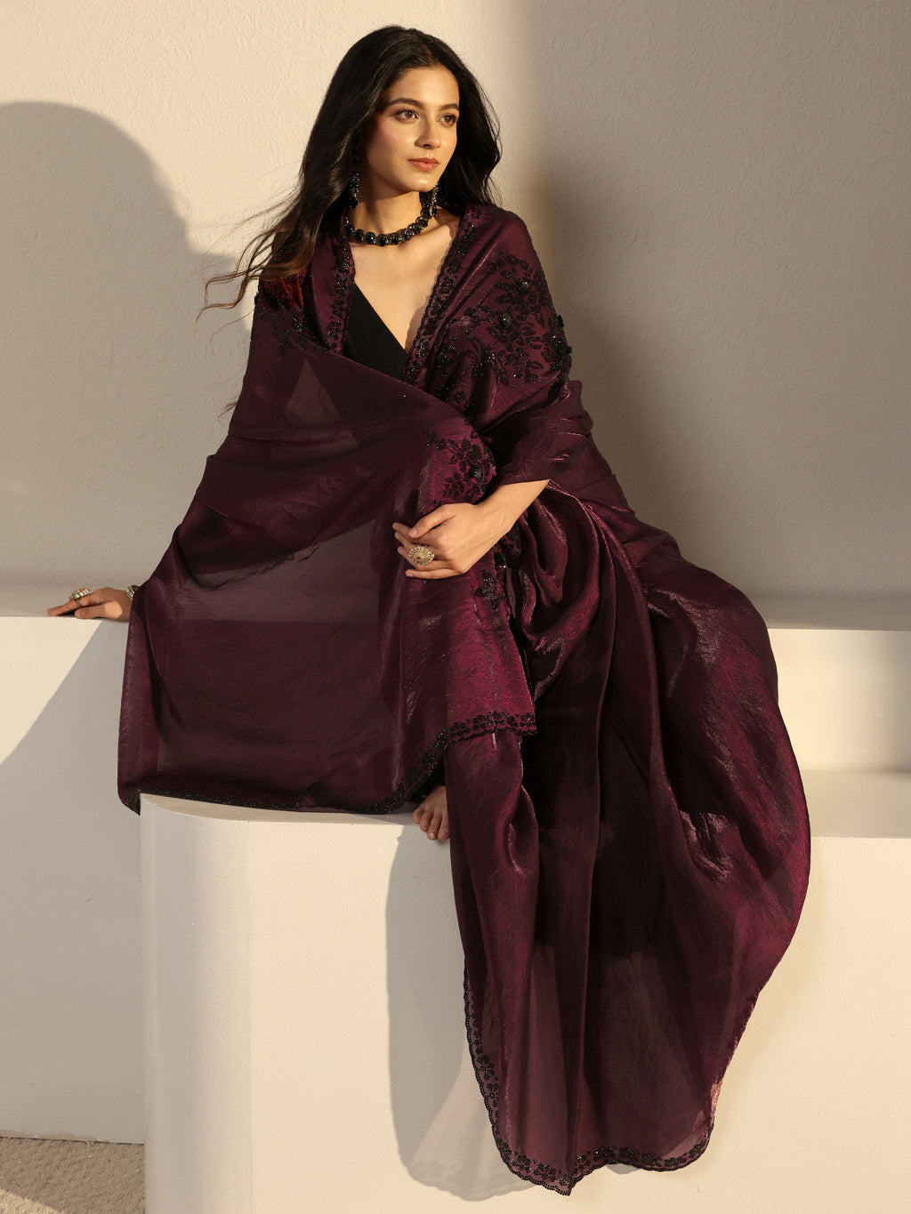 Burgundy Embellished Tissue Saree With Unstiched Blouse Piece