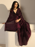 Burgundy Embellished Tissue Saree With Unstiched Blouse Piece