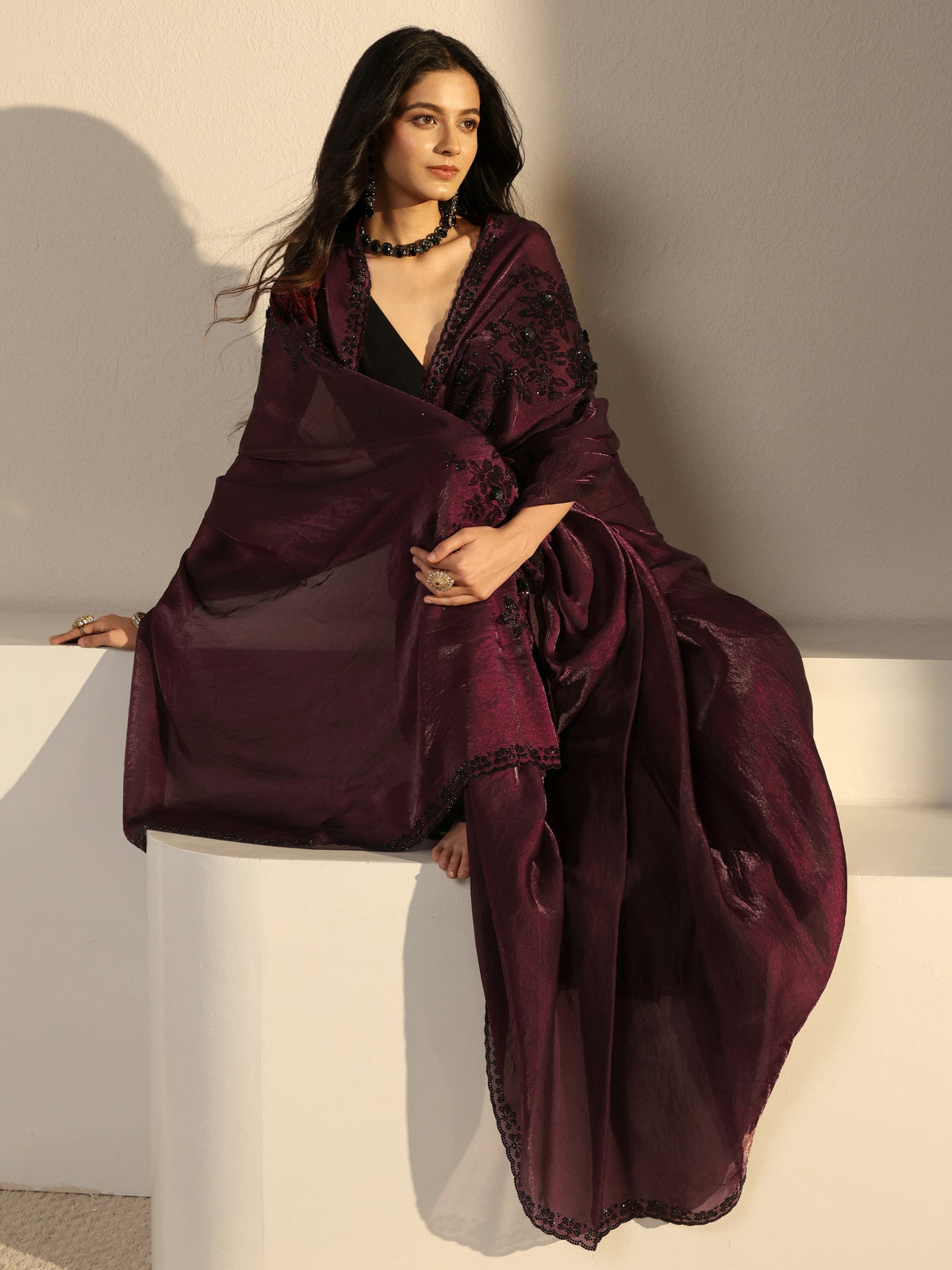 Burgundy Embellished Tissue Saree With Unstiched Blouse Piece