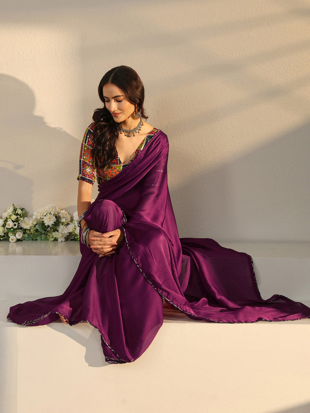 Burgundy Solid Chiffon Saree With Unstitched Blouse Piece