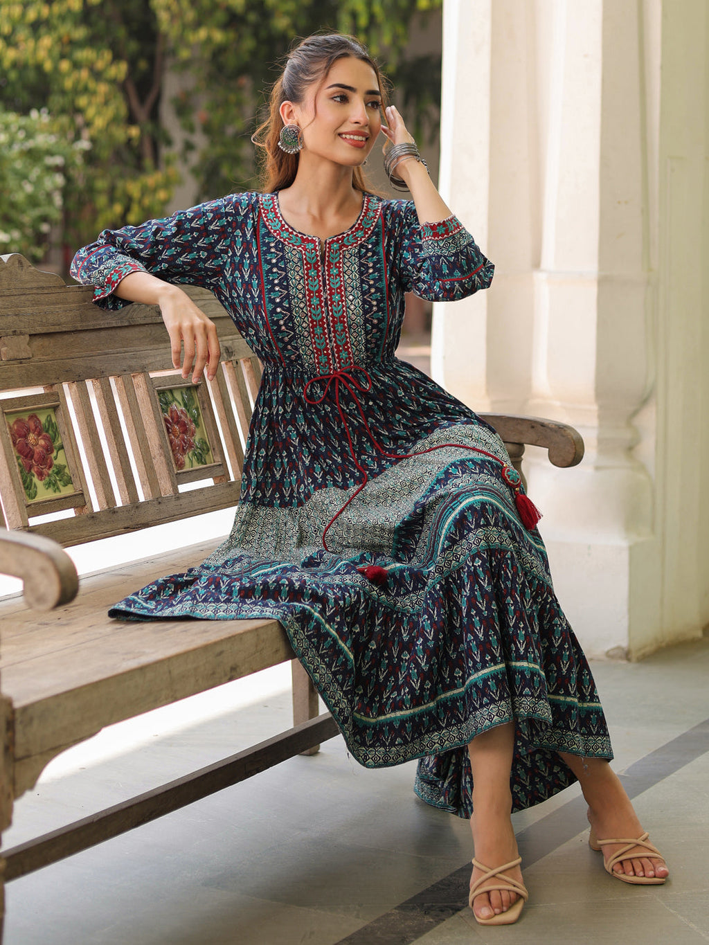 Printed Round Neck Pure Cotton Ethnic Dresses
