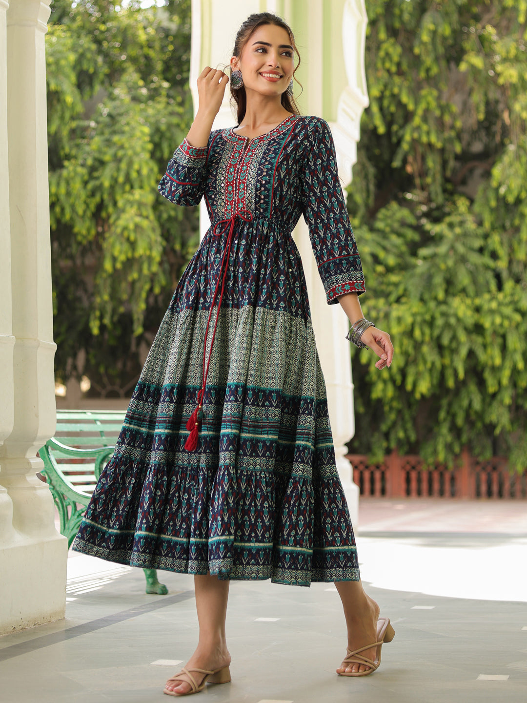 Printed Round Neck Pure Cotton Ethnic Dresses