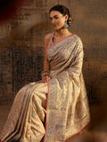 Cream Ethnic Motifs Embroidered Silk Blend Saree With Unstitched Blouse Piece
