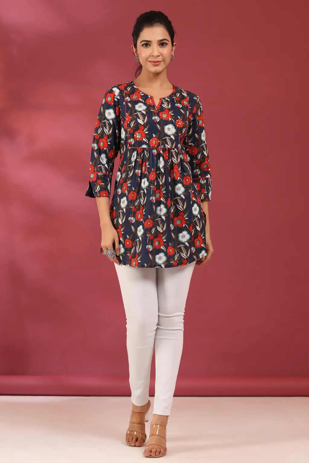 Women Navy Blue & Red Floral A line Sequinned Pure Cotton Kurti