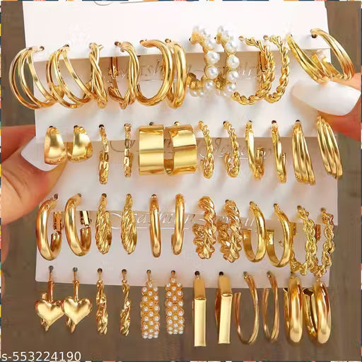Daliva Combo Of 24 Pairs Gold Plated Hoop And Pearl Earrings For Women And Girls
