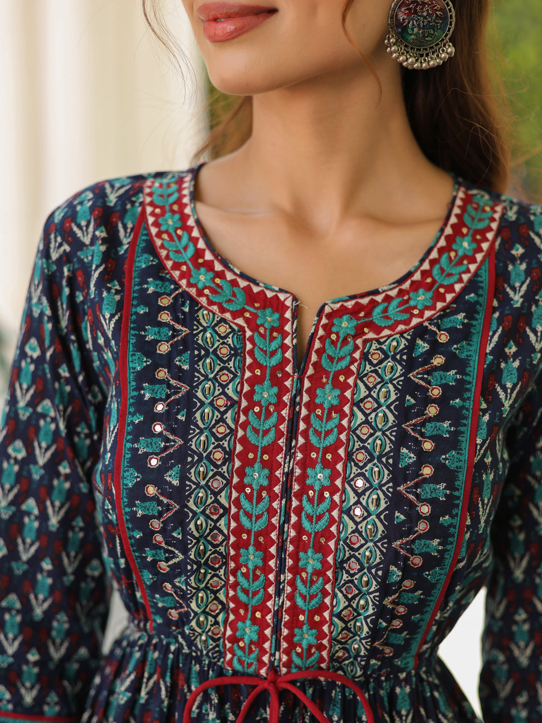 Printed Round Neck Pure Cotton Ethnic Dresses
