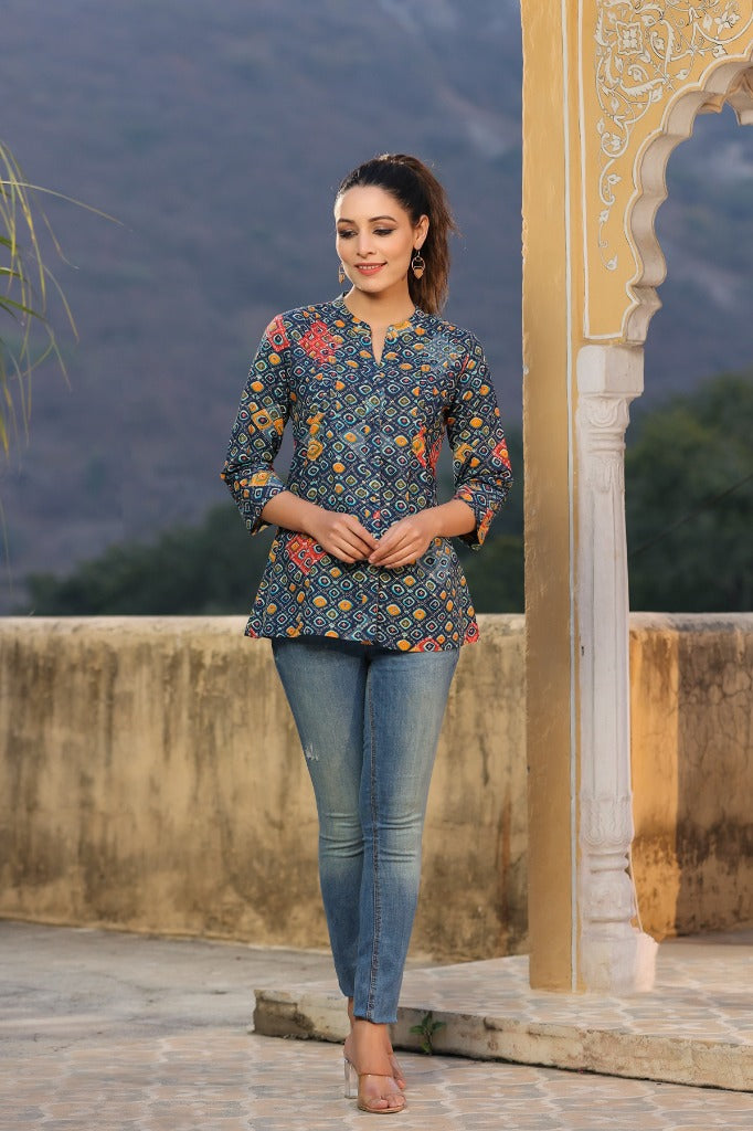 Women Navy Blue Bandhani Printed Aline Cotton Kurti