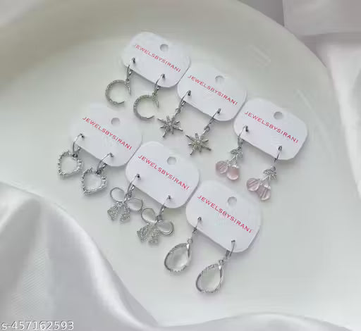 Jewelsbysirani Pack of 6 Stunning Shining Stylish Trendy AD Silver Charm Round Hoop Earrings For Women And Girls | Accessories | Gift | Korean | Minimal | Jhumka | Earrings | Aesthetic Jewellery