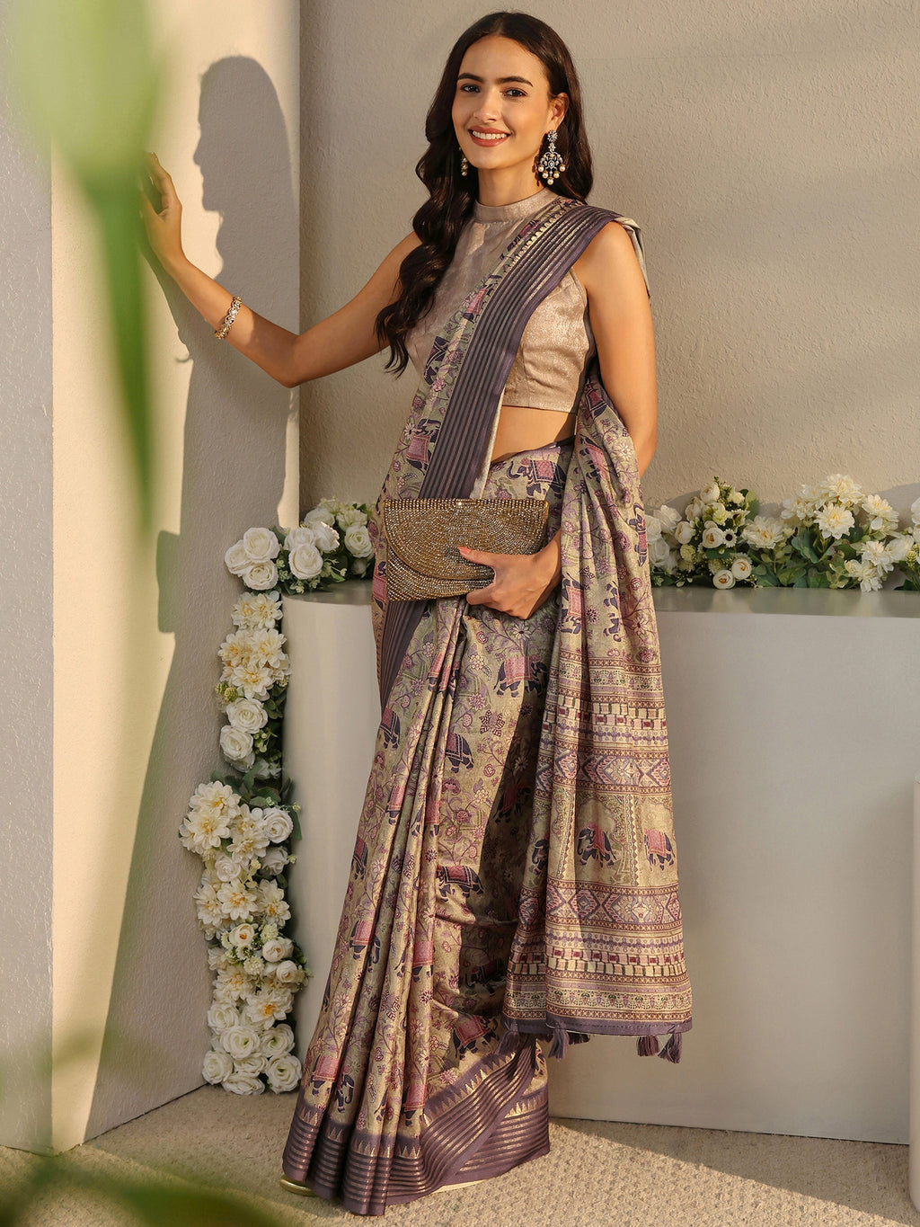 Green Ethnic Printed Silk Blend Saree With Unstitched Blouse Piece