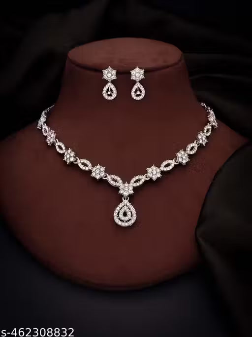 Silver Plated Necklace Set With American Diamond