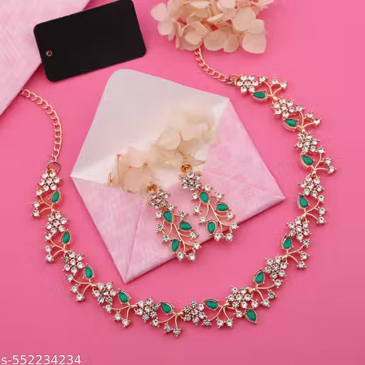 Jewellery Rose Gold-Plated Artificial Stone Studded Necklace Jewellery set with 1 Pair of Earring