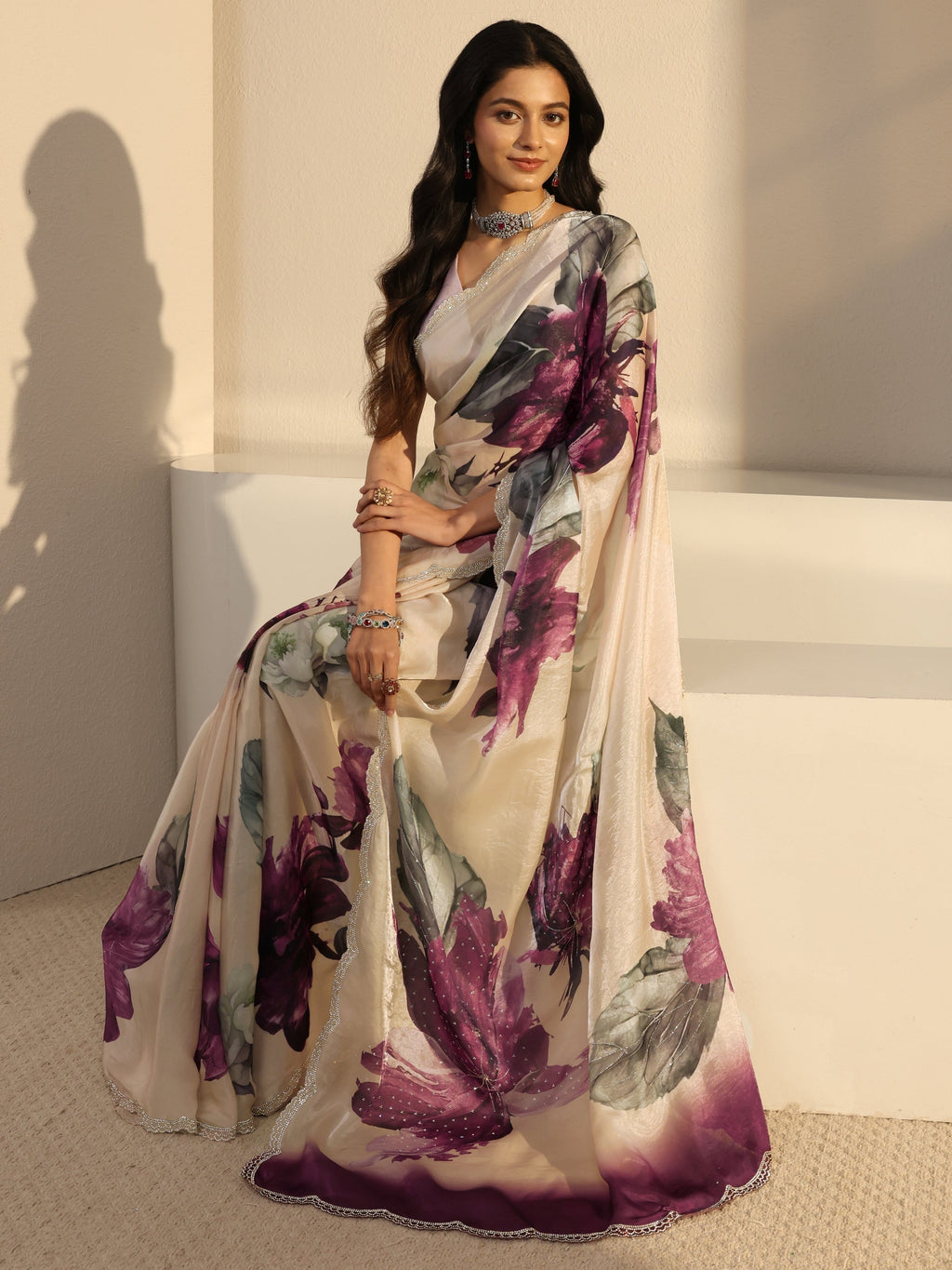 Ivory Embellished Tissue Saree With Unstiched Blouse Piece