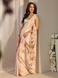 Ivory Floral Printed Satin Saree With Unstitched Blouse Piece