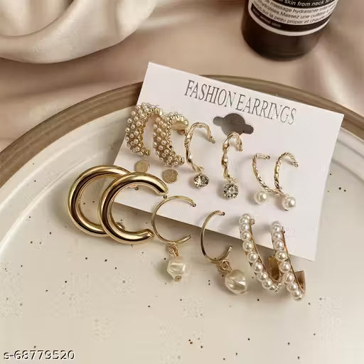 Vembley Combo Of 9 Pair Stunning Gold Plated Pearl Hoop , Drop, Tiny and Studs Earrings for Women & Girls