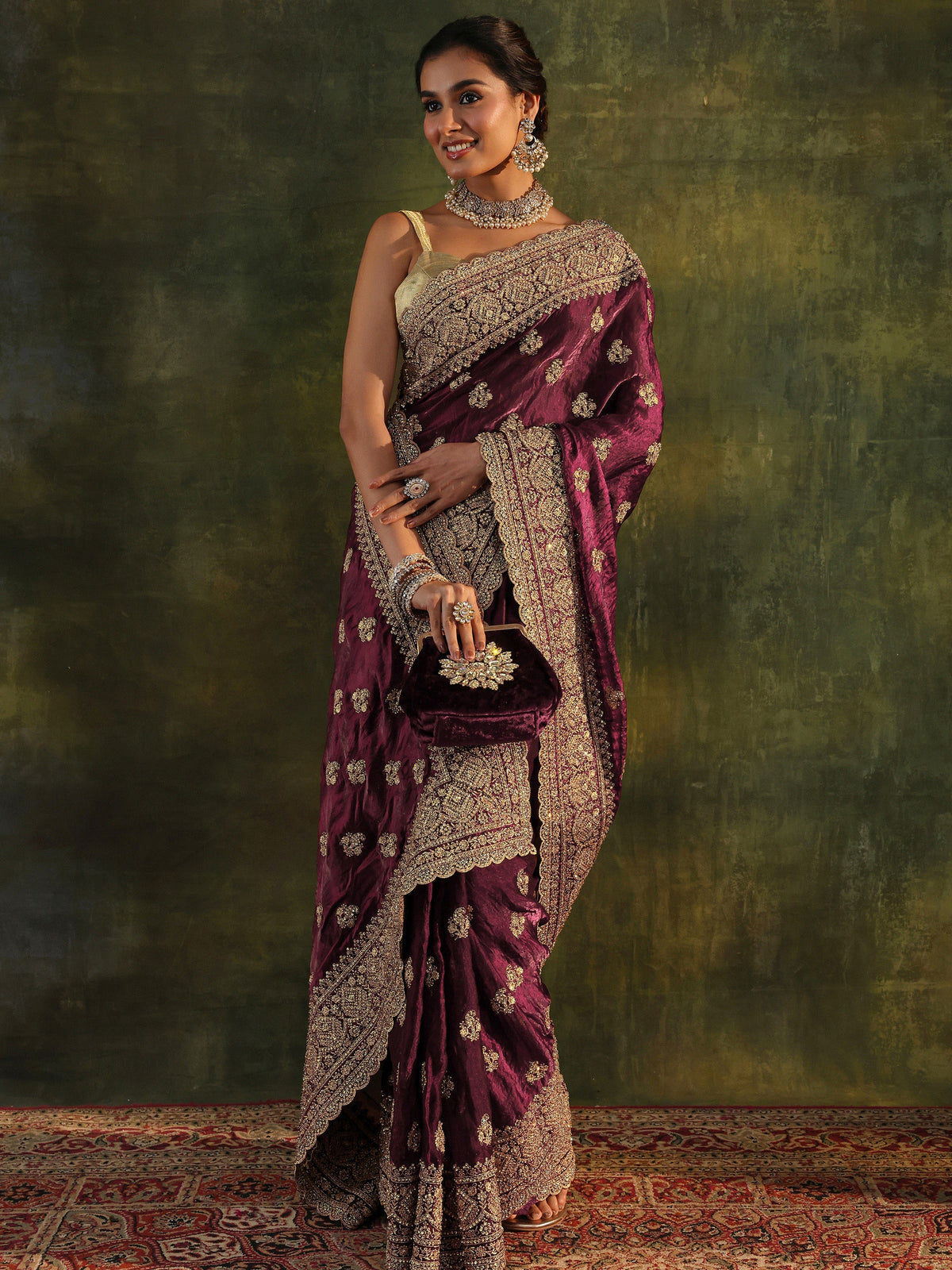 Art Magenta Embellished Tissue Saree With Unstitched Blouse Piece