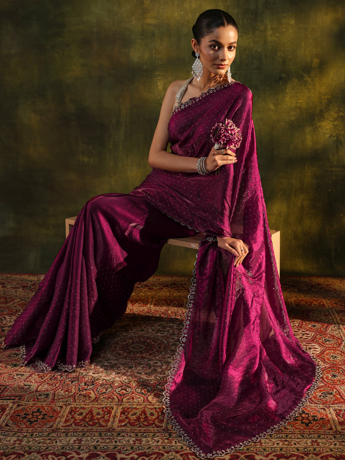 Maroon Embellished Tissue Saree With Unstitched Blouse Piece