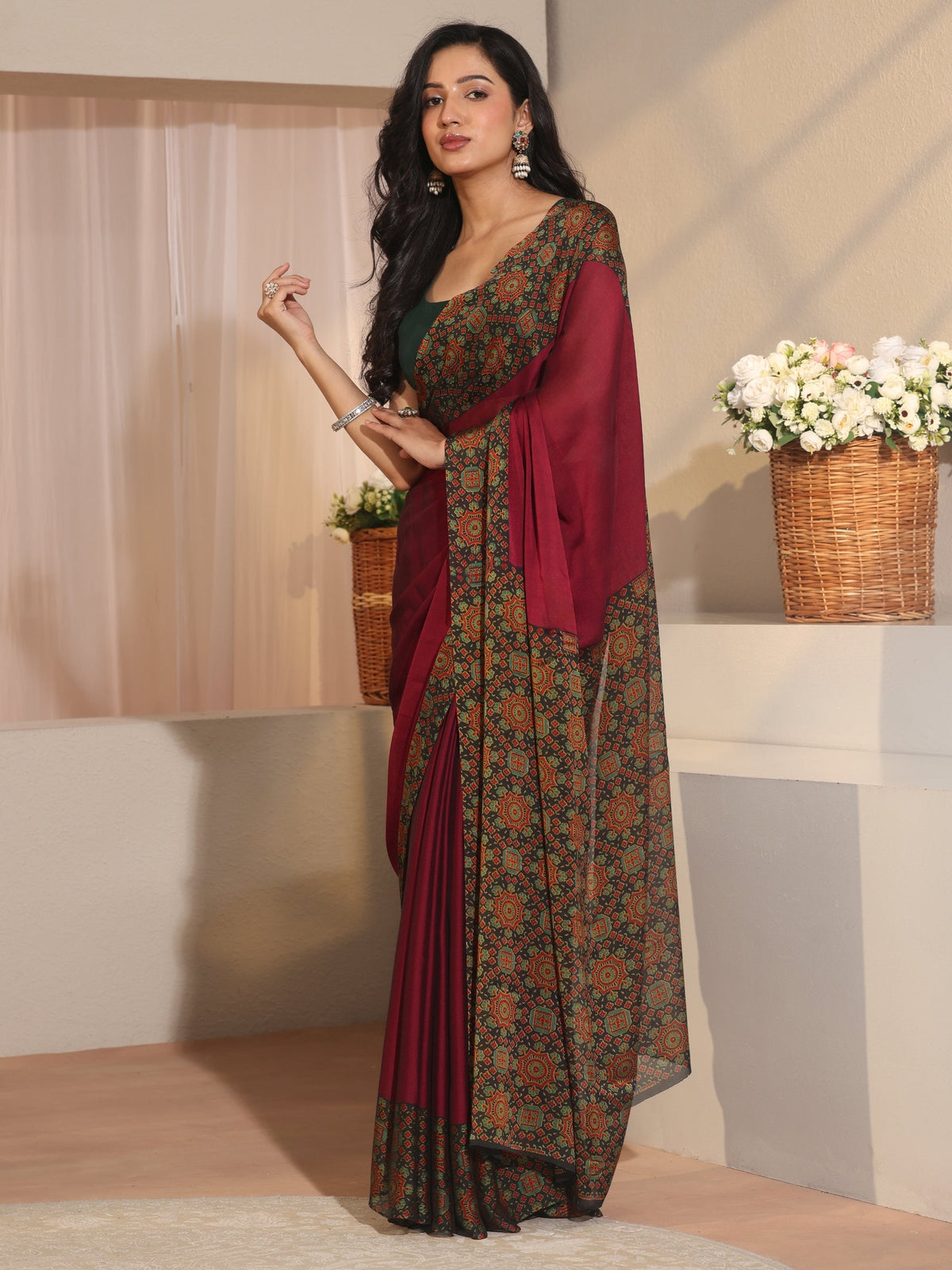 Maroon Chiffon Saree with Printed Border