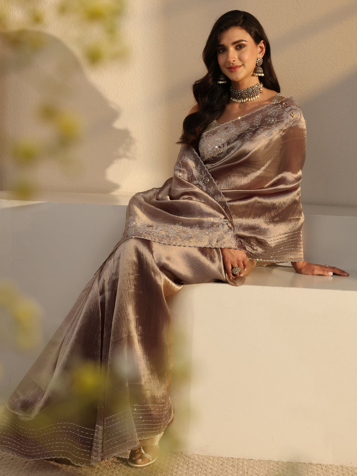 Mauve Embellished Chiffon Saree With Unstitched Blouse Piece