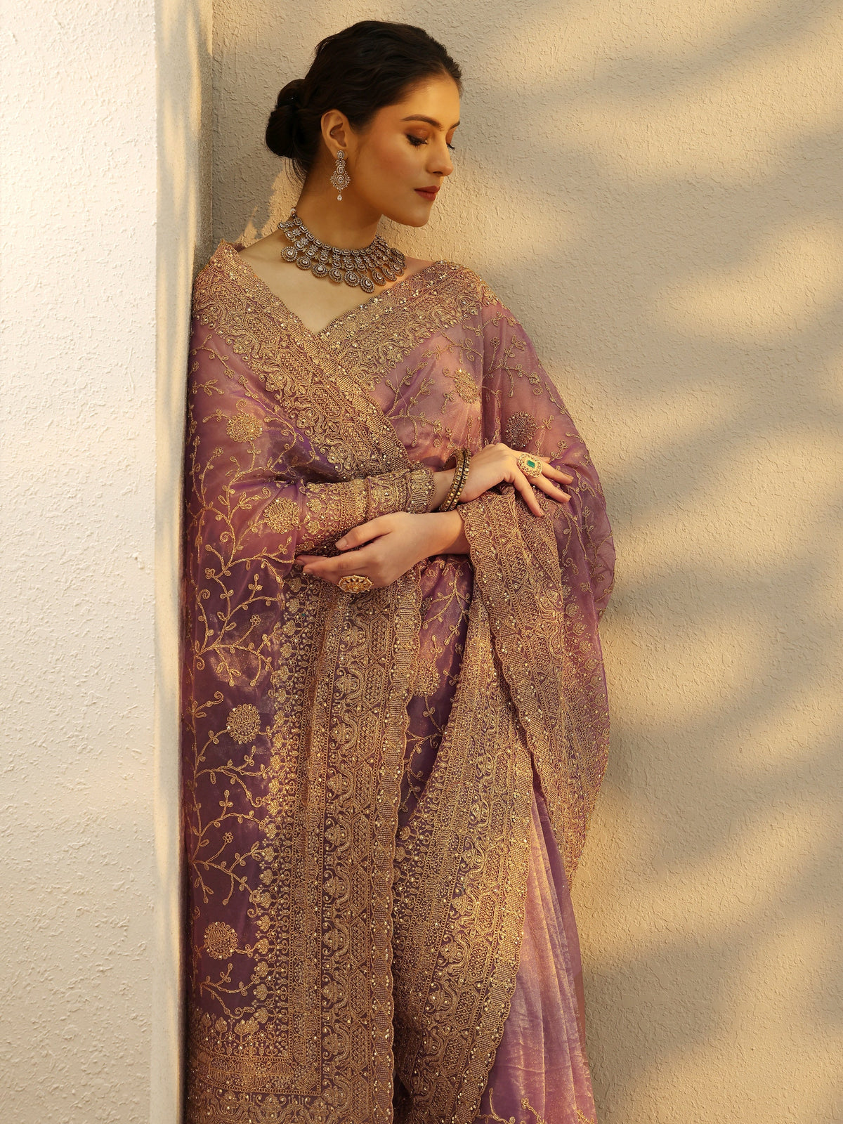 Mauve Embroidered Nylon Saree With Unstitched Blouse Piece