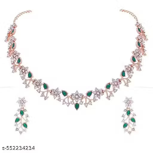 Jewellery Rose Gold-Plated Artificial Stone Studded Necklace Jewellery set with 1 Pair of Earring