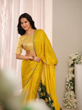 Mustard Embellished Chinon Saree With Unstitched Blouse Piece