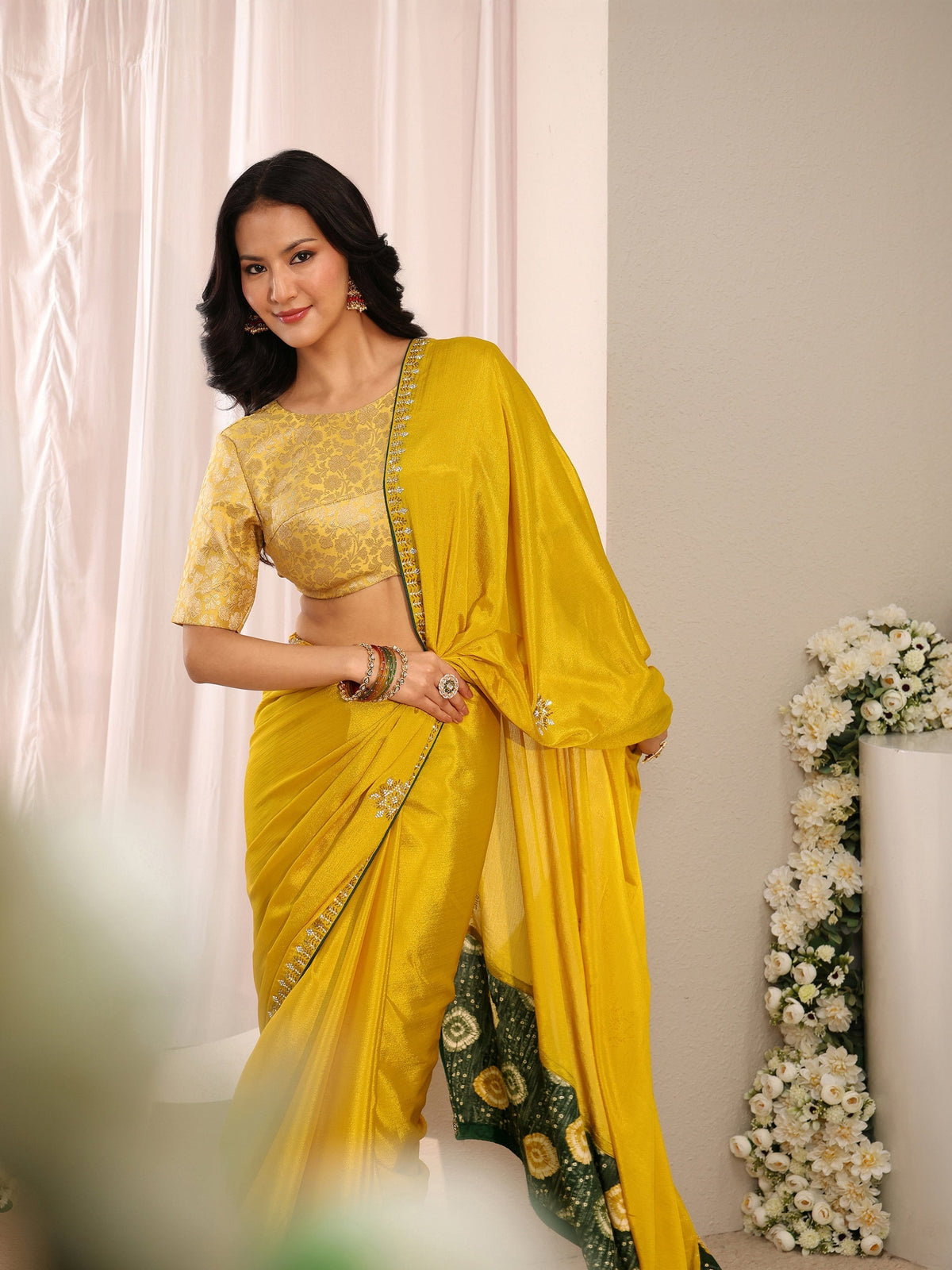Mustard Embellished Chinon Saree With Unstitched Blouse Piece