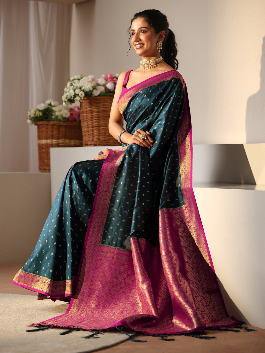 Navy Blue Kanjeevaram Silk Blend Saree