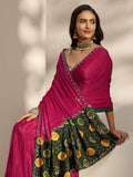 Pink Embellished Border Chinon Saree With Unstitched Blouse Piece