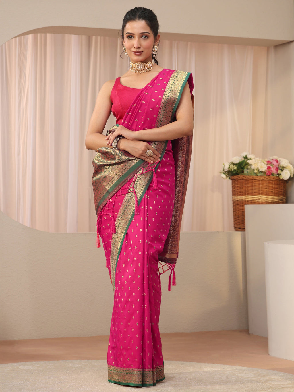 Pink Kanjeevaram Silk Blend Saree