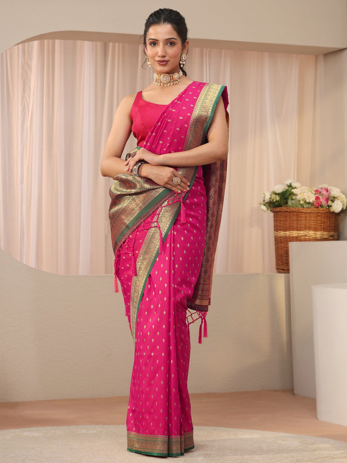 Pink Kanjeevaram Silk Blend Saree