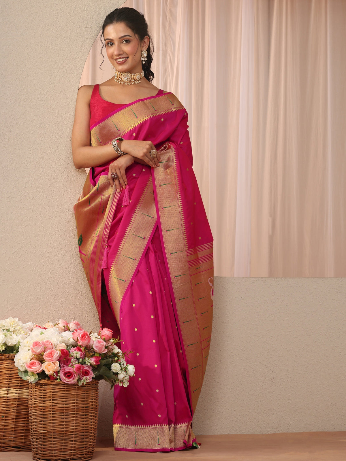 Pink Silk Blend Paithani Saree