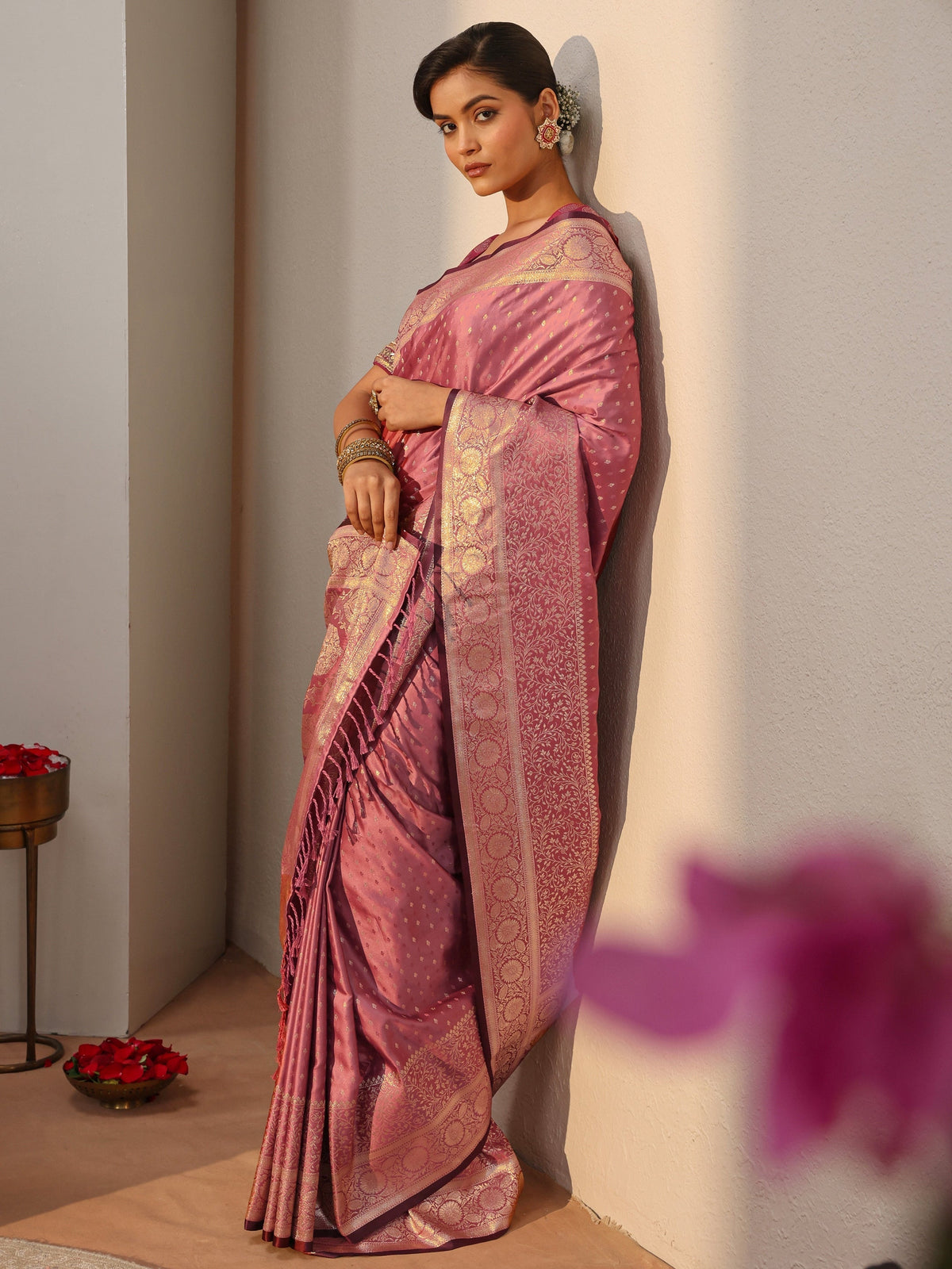 Pink Kanjeevaram Silk Blend Saree