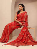 Red Woven Design Silk Blend Banarasi Saree With Unstitched Blouse Piece