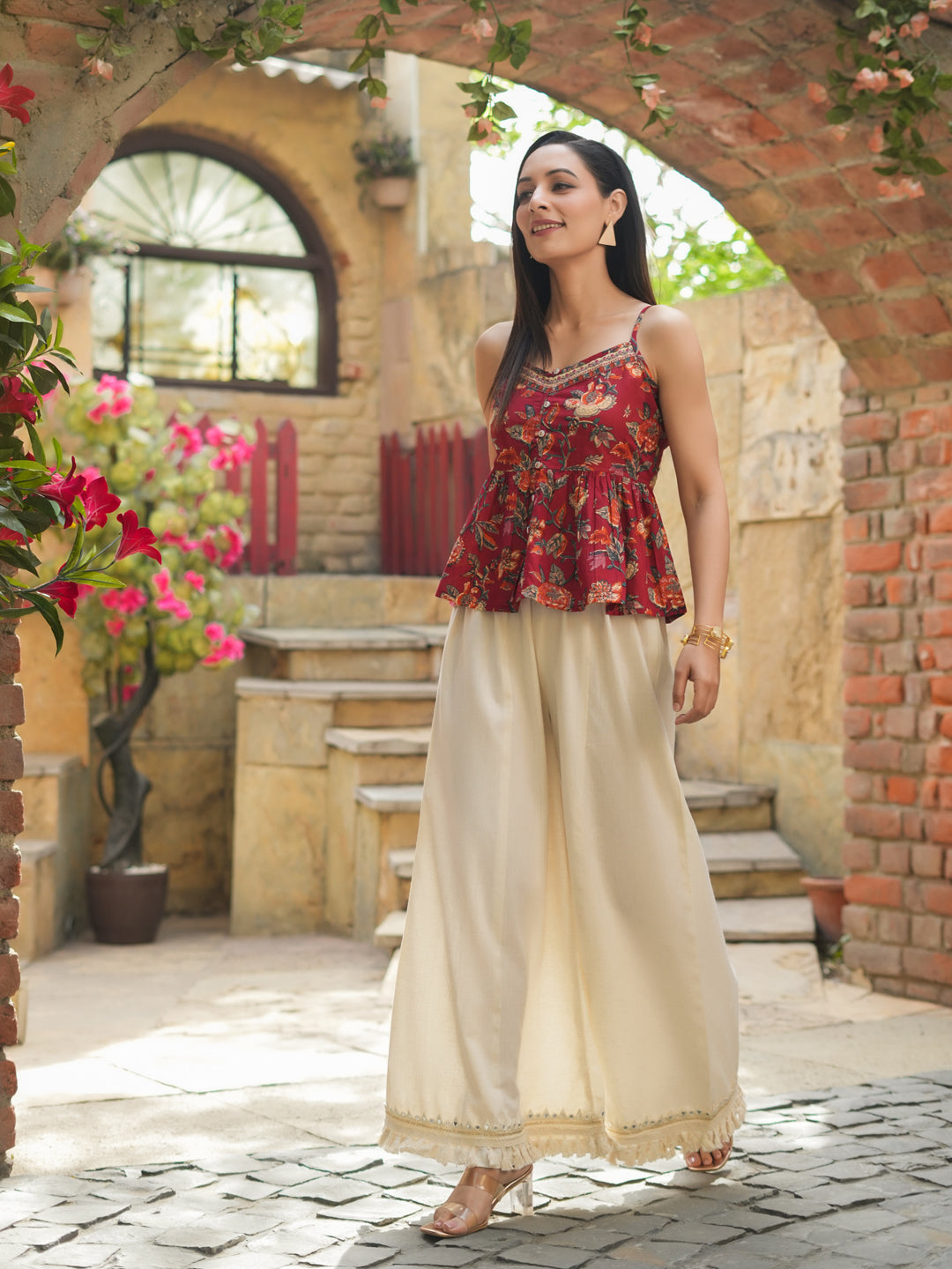 Floral Printed Sleeveless Peplum Pure Cotton Top