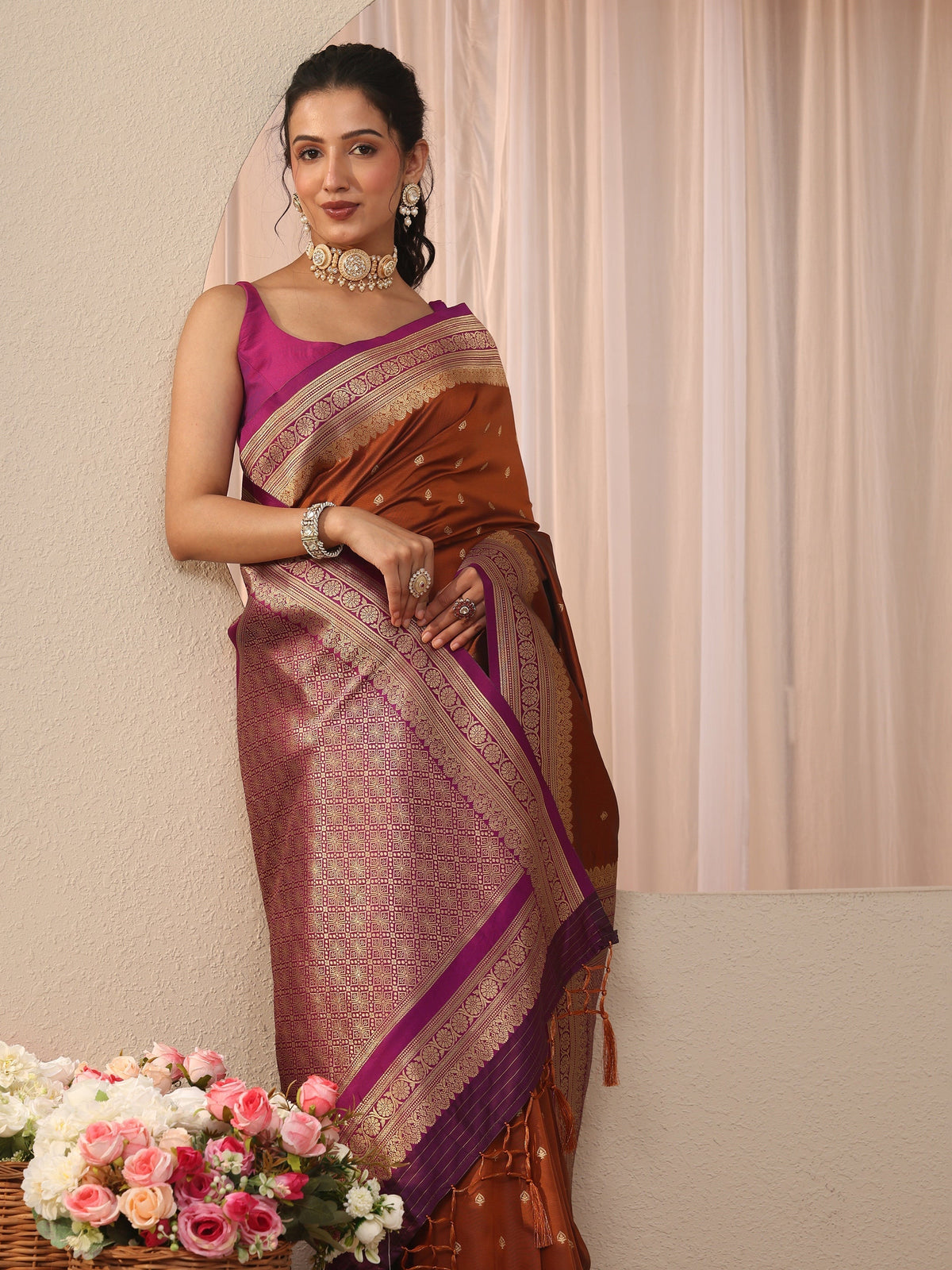 Rust Kanjeevaram Silk Blend Saree