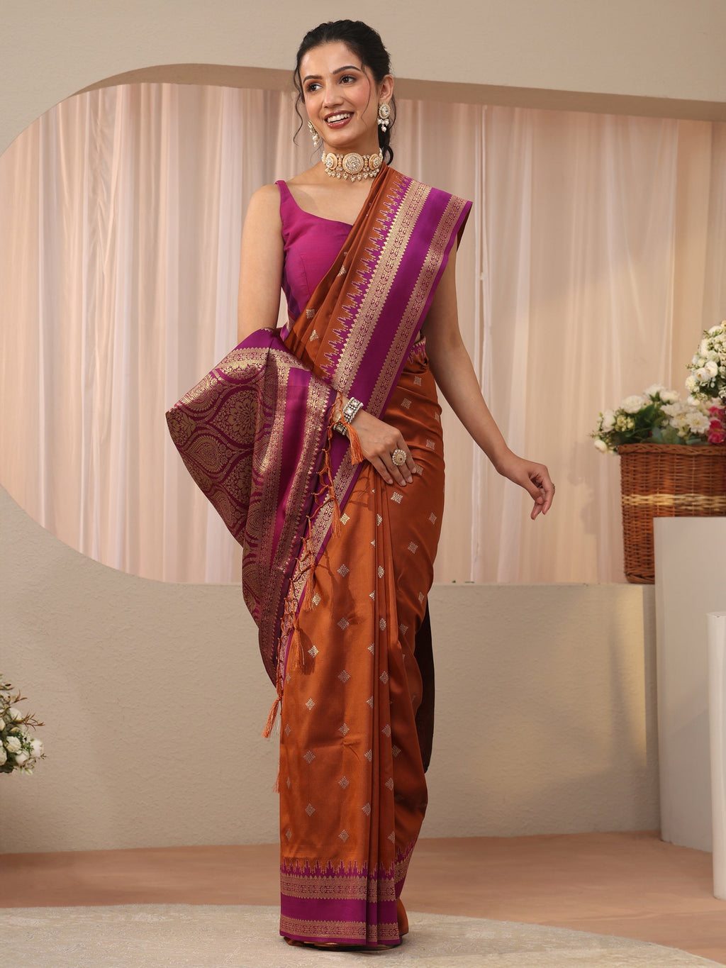 Rust Kanjeevaram Silk Blend Saree